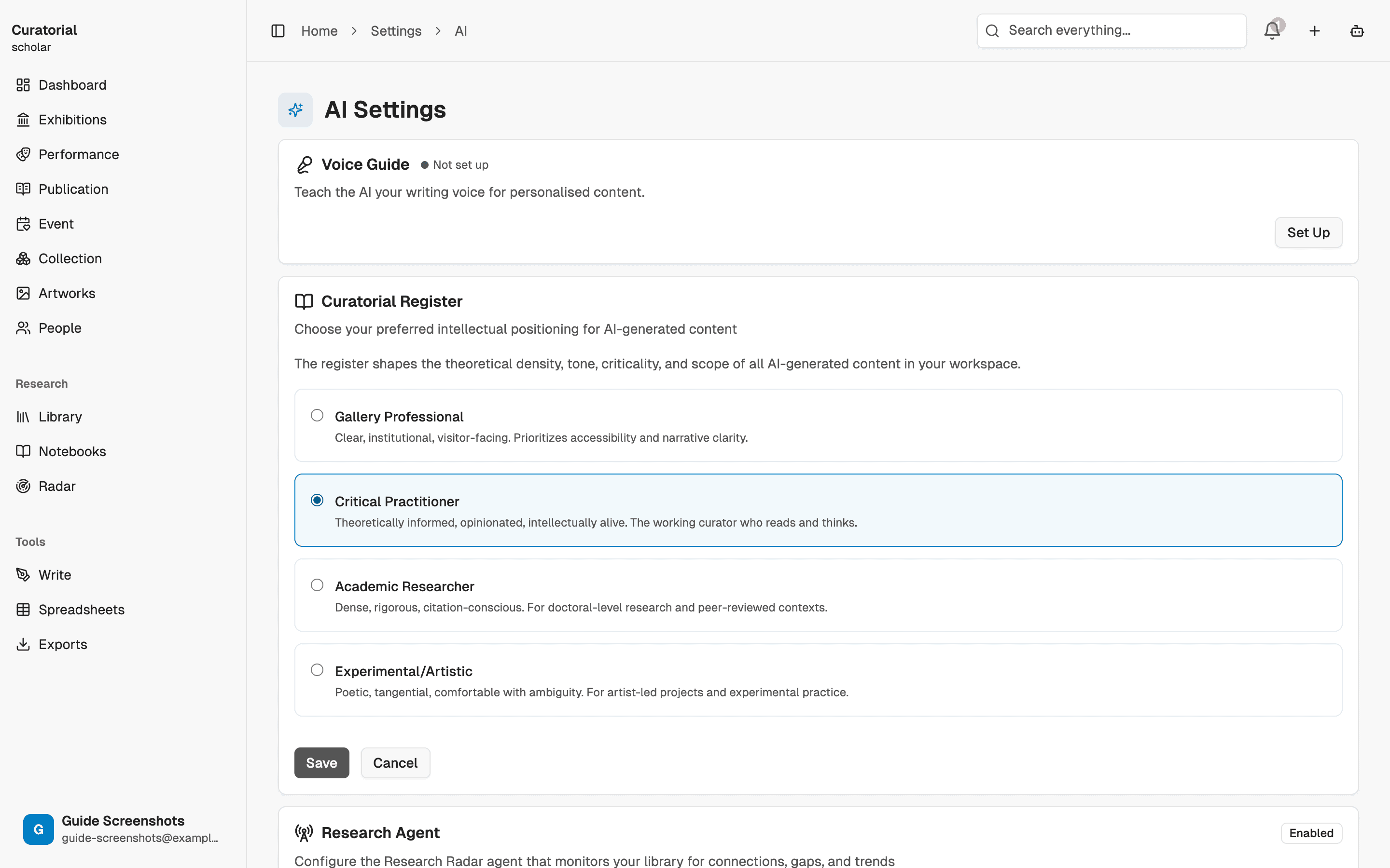 Tuning the assistant's register in settings