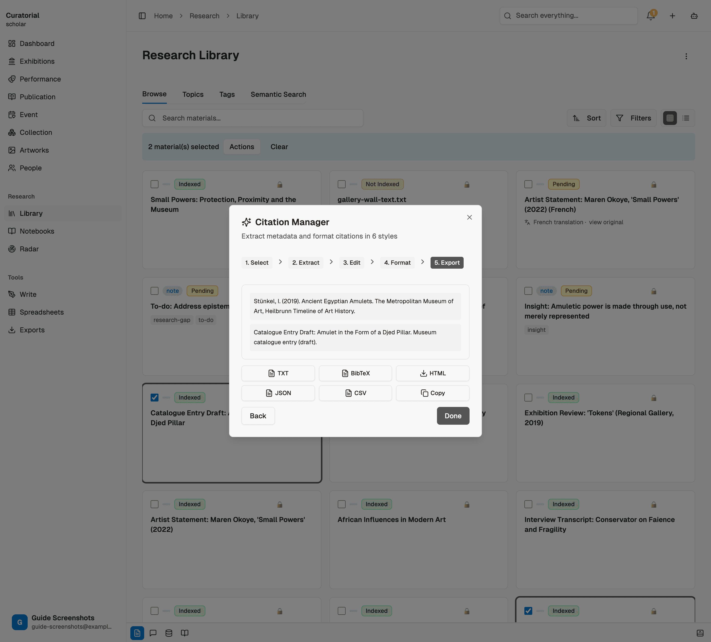 Formatted citations, ready to copy or export