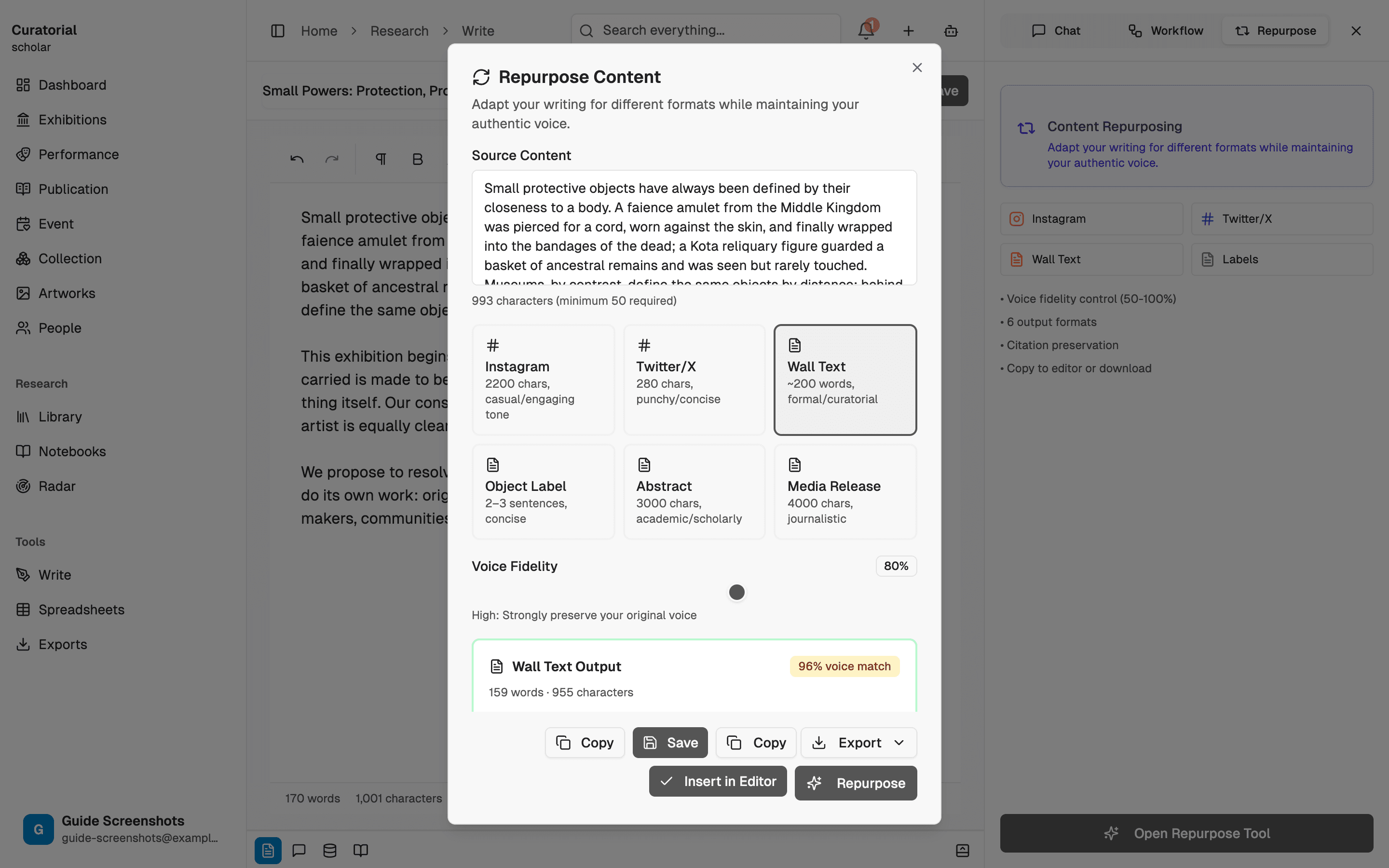 Repurposed text with a voice fidelity score