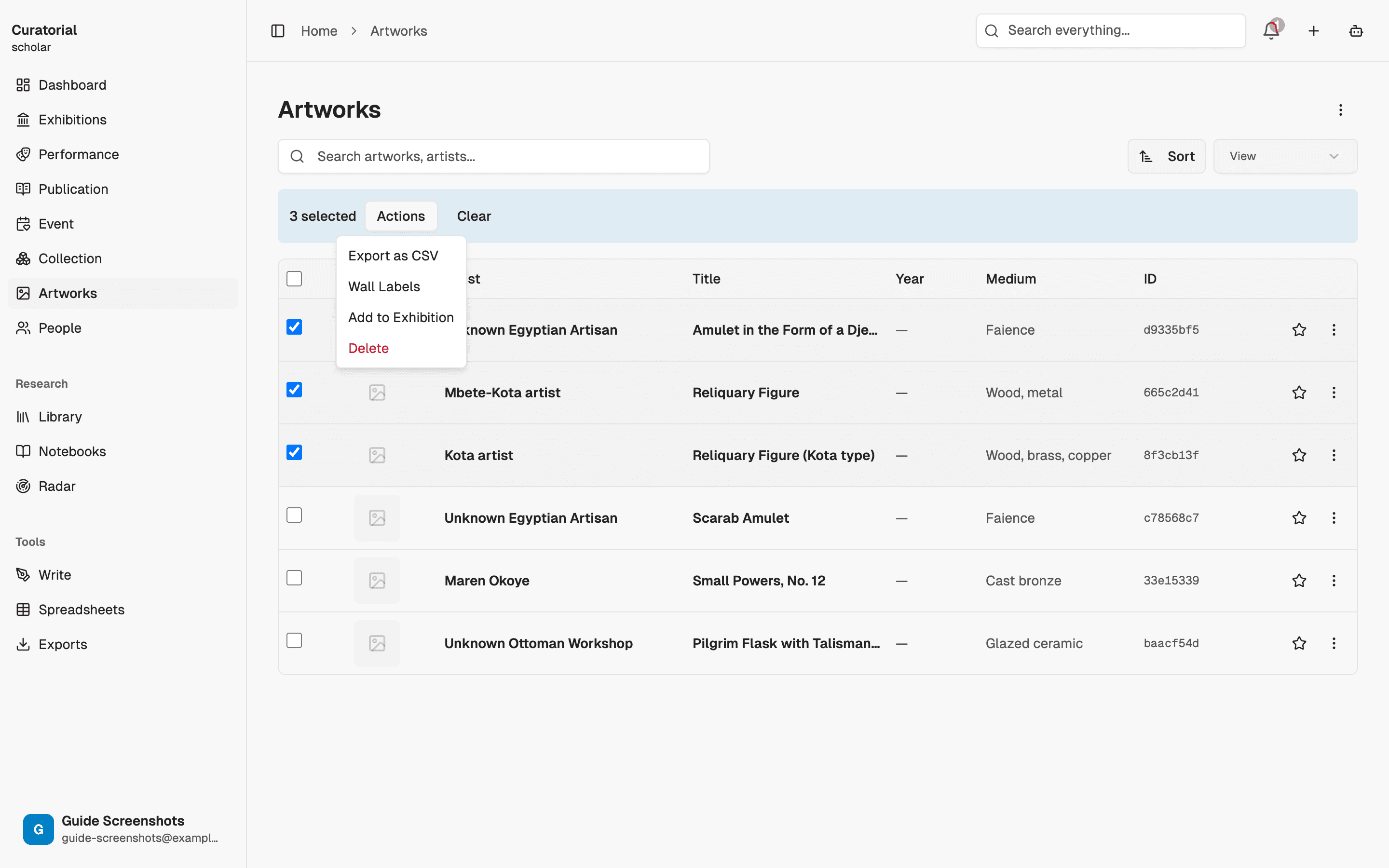 Bulk wall-label export from a multi-select on the Artworks page