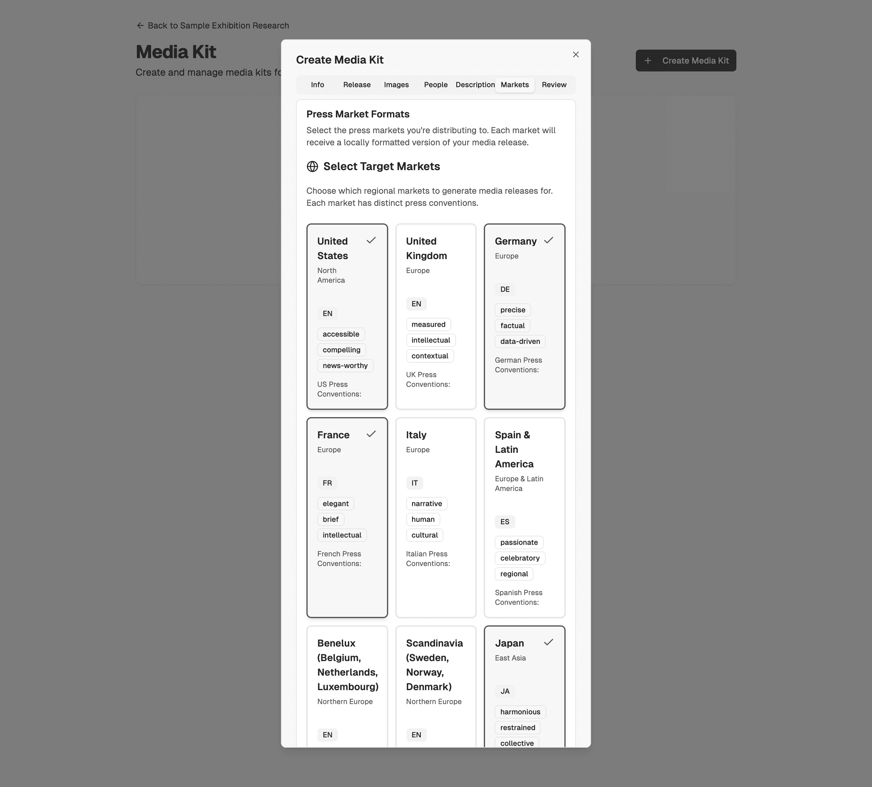 The media kit builder's market-selection step