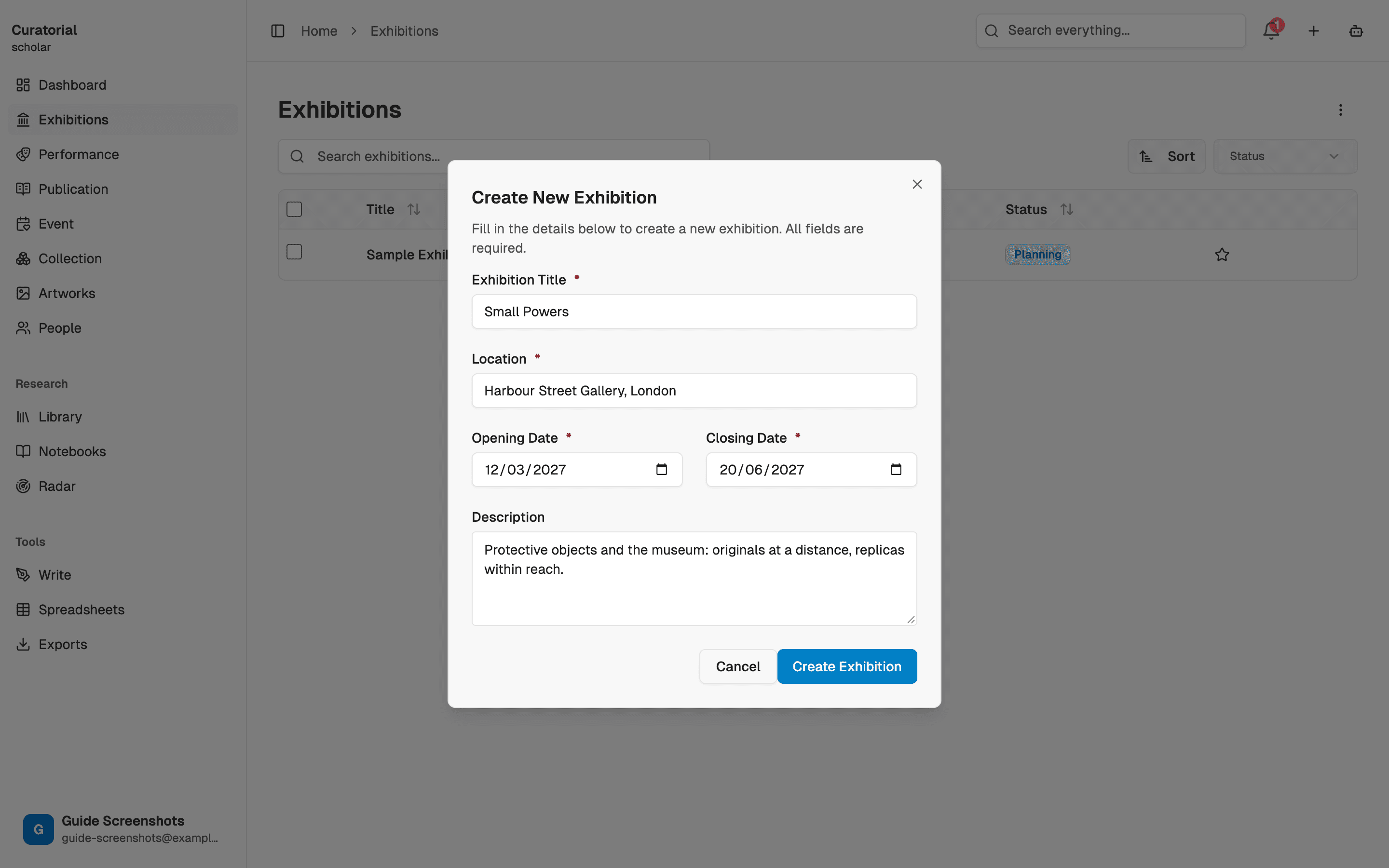 Project creation modal