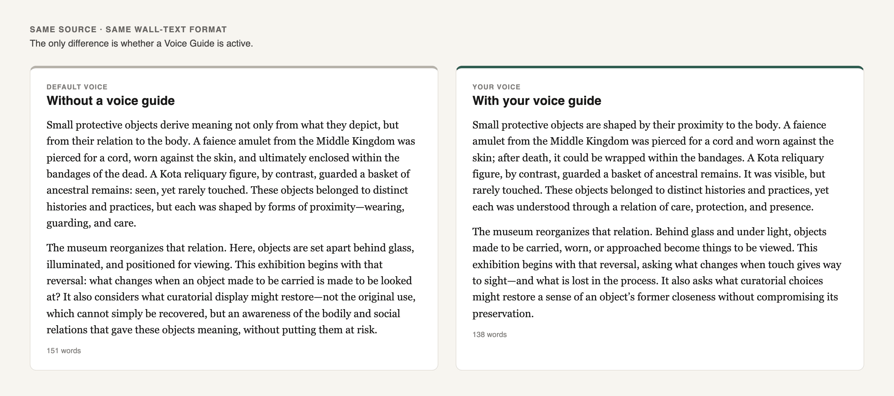 The same wall text, without and with a voice guide