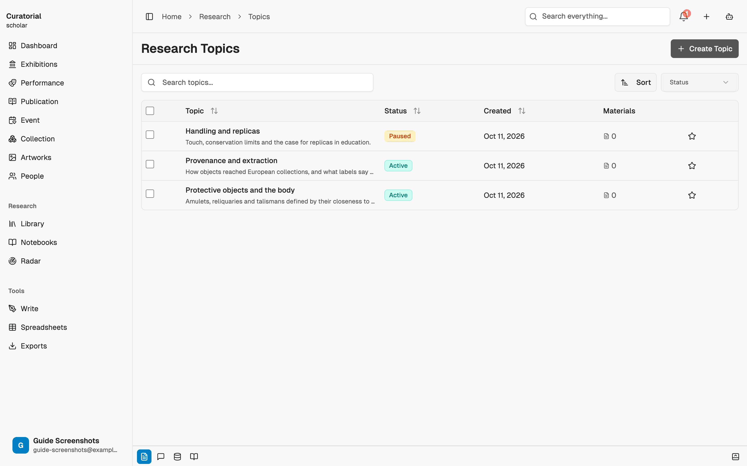 The topics list, sorted by priority