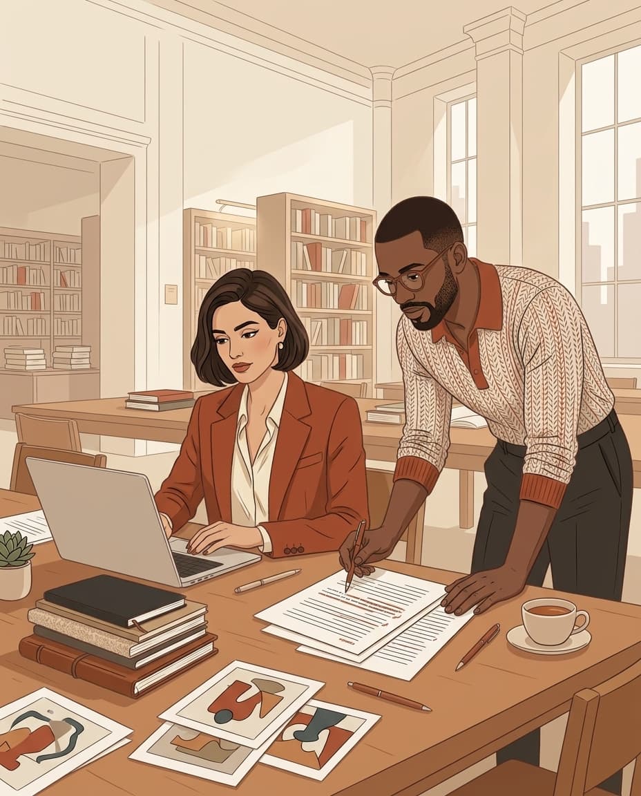 A curator and a colleague reviewing an essay draft in a library