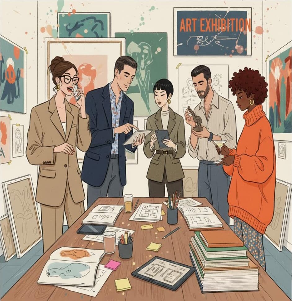 Curators reviewing artworks in a gallery