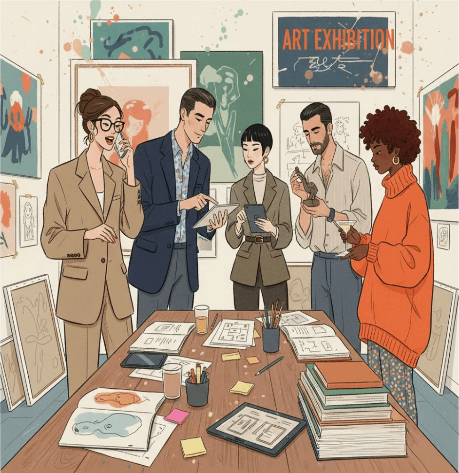 Gallery scene with artworks on display
