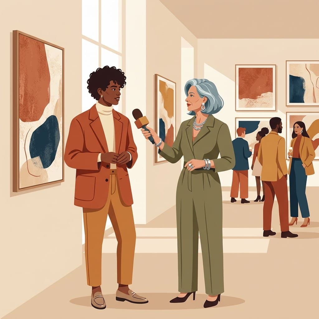 Curator interviewing an artist in a gallery