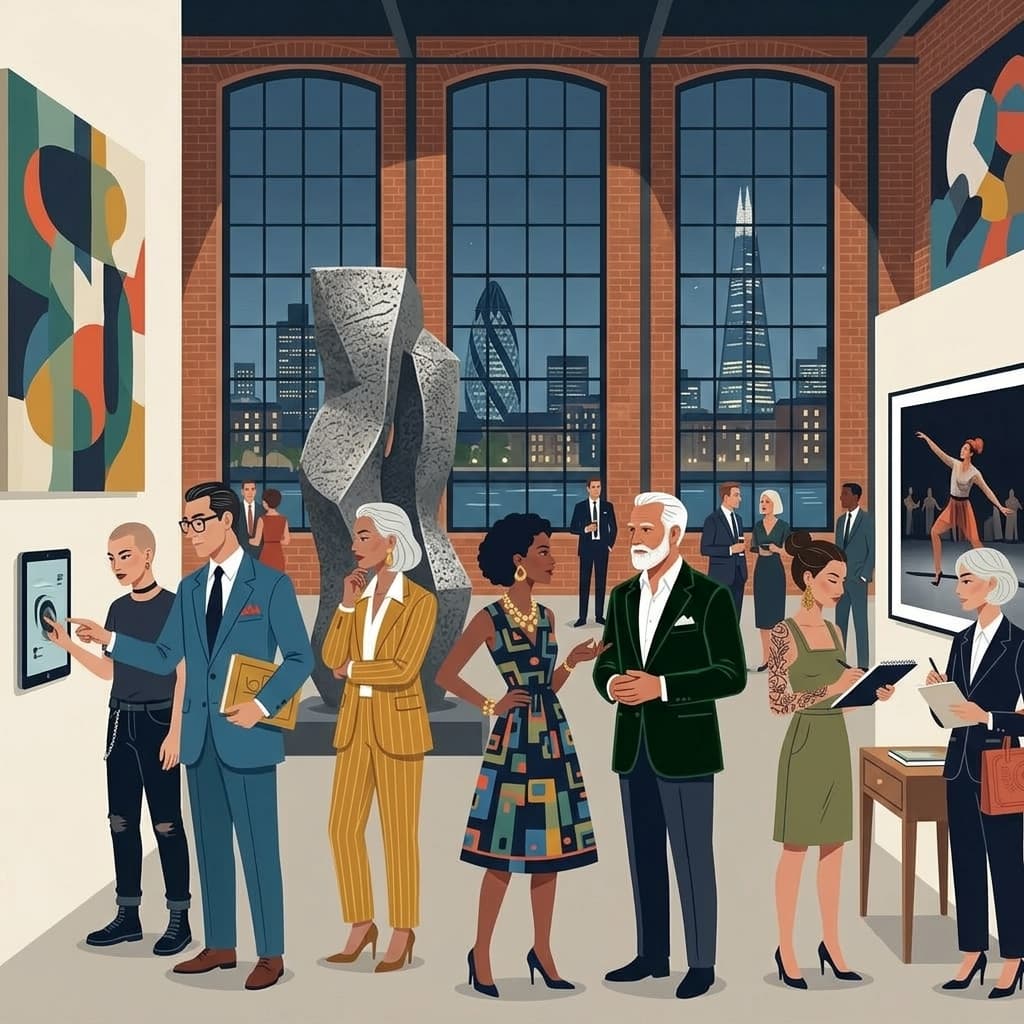 Curators and guests at an exhibition opening in a London gallery
