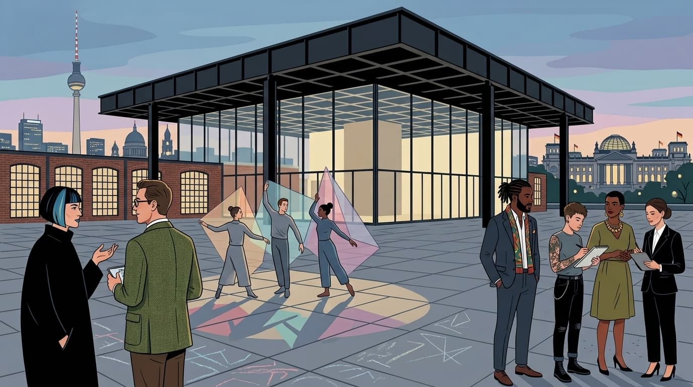 Curators and writers talking while dancers perform outside the Neue Nationalgalerie in Berlin at dusk